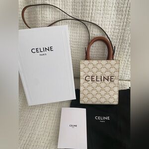 Celine Mini Cabas Tote Crossbody Bag White Tan Triomphe Canvas Leather, in Box